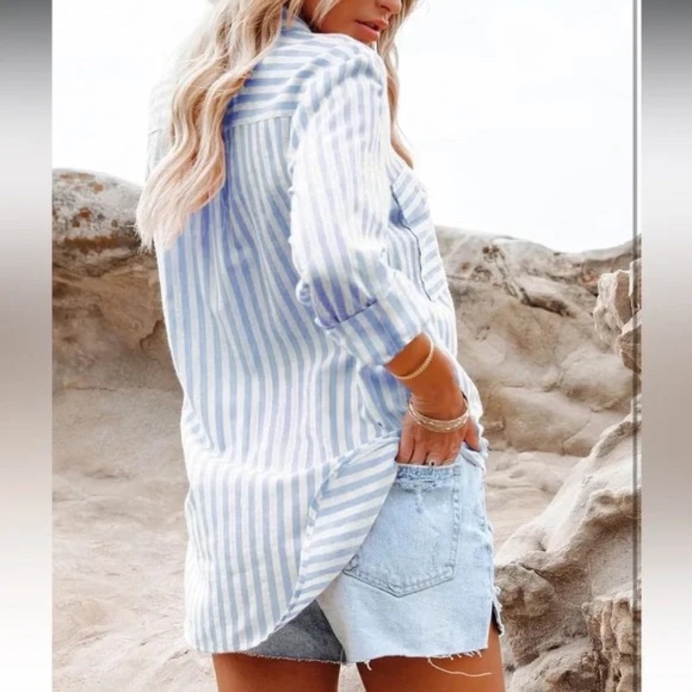 White and Blue Long Sleeve Button Down Shirt - Picture 3 of 17